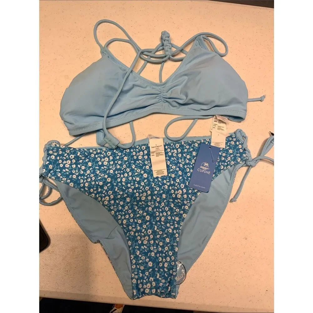 NWT‎ Lrg CUPSHE Women's 2 PC  Bikini Back Braided Straps with Reversible Bottom